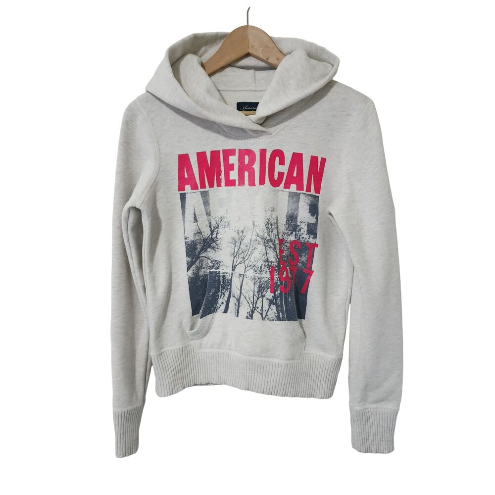 American Eagle Outfitters Womens Graphic Hoodie Sweatshirt Heather Grey Size S